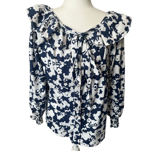 NWT Marc Jacobs Navy & White Floral Button Front Ruffled Collar Shirt Size 6 - Picture 2 of 10